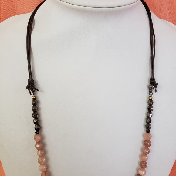 Large Gray & White Jasper Stone Pendant on Brown Cord Necklace Pink Agate Beads - Picture 4 of 12